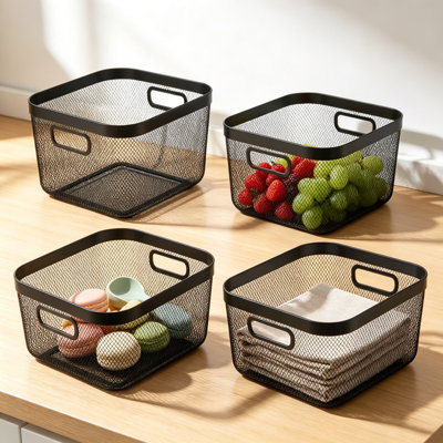Metal Mesh Baskets with Hollow Handles, Stackable Wire Storage Bins for Pantry, Bathroom, and Kitchen Cabinets, Set of Four Black Fine Mesh Baskets for Organizing