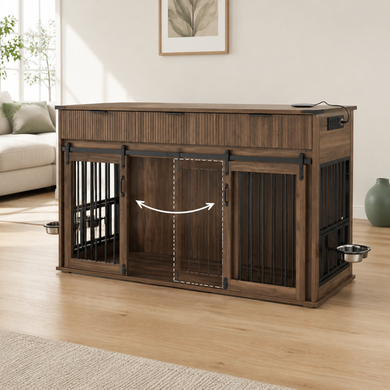 Meuble double 71 po en MDF à grain de bois noyer avec 3 tiroirs cannelés et station de charge pour le salon, la chambre à coucher