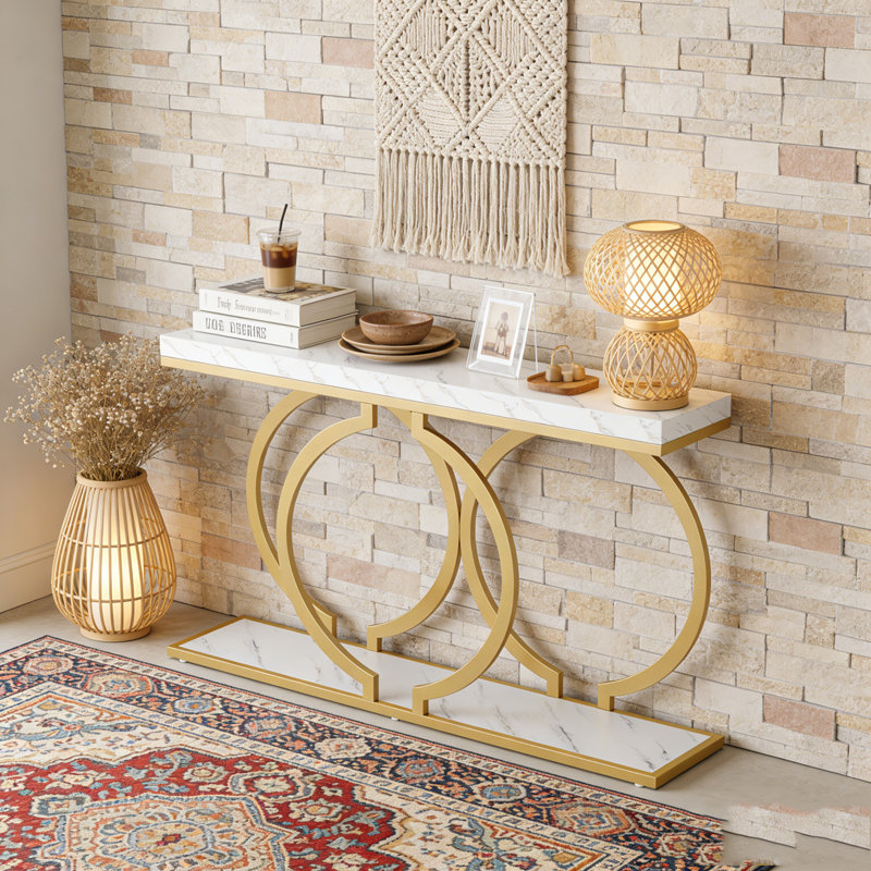 55.11" Modern White & Gold Faux Marble Console Table For Entryway Sofa Table,Entrance, Living Room, Faux Marble White & Gold