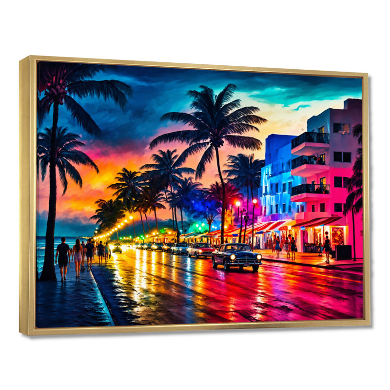 «Miami Beach Holidays 3 Architecture», impressions sur toile Miami, Cadre flottant doré, H 24 po x l 32 po x P 1 po