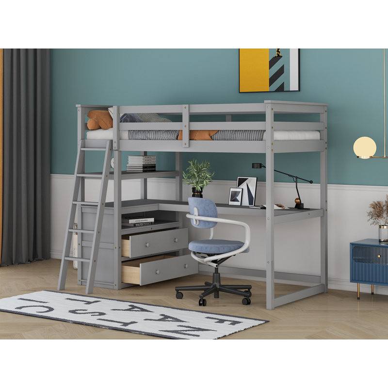 Ertis Twin 2 Drawer Solid Wood Loft Bed with Built-in-Desk by Harriet Bee, Gray