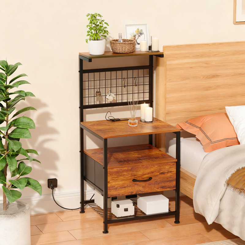 Table de chevet avec station de charge et lumières DEL, table de chevet avec tiroir de rangement et tablettes, table de bout moderne avec ports USB et crochets pour la chambre à coucher