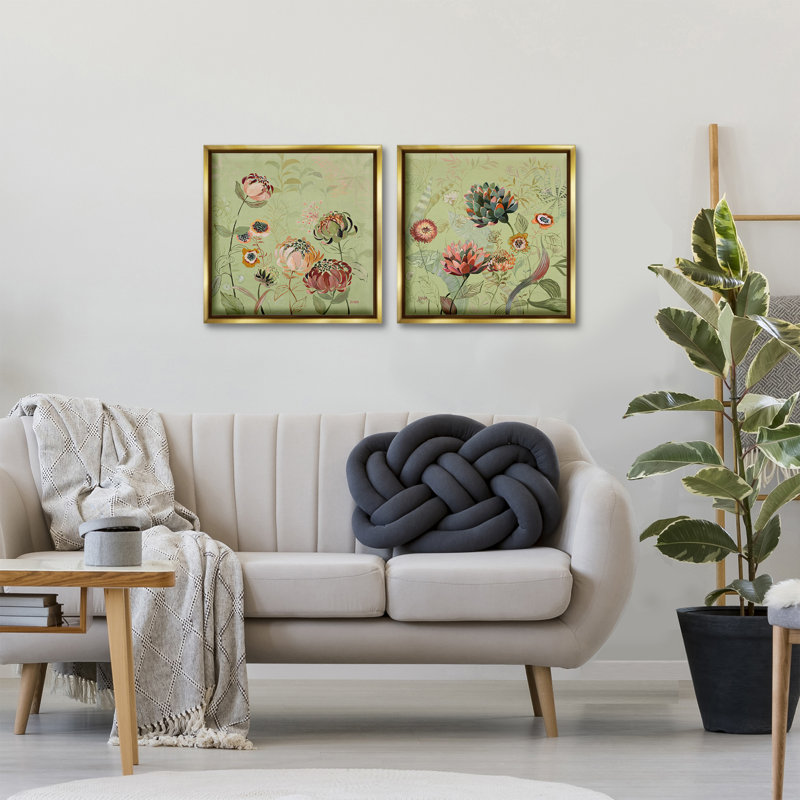Ensemble de cadres flottants 2 pièces Chrysanthemums on Olive Green, design par Dusza, H 18 po x l 18 po