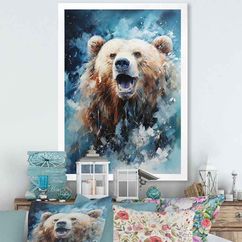 Ours abstrait en mouvement sur toile, H 40 po x l 30 po x P 1,5 po, Cadre photo blanc