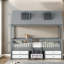 Lit simple polyvalent en bois gris avec rangement et lanterneaux