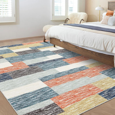 2x6 Modern Runner Rug, Geometric Patchwork, Non-Slip, Washable, Low Pile, Hallway, Foldable, Contemporary Carpet, Laundry, Gray, Camel.