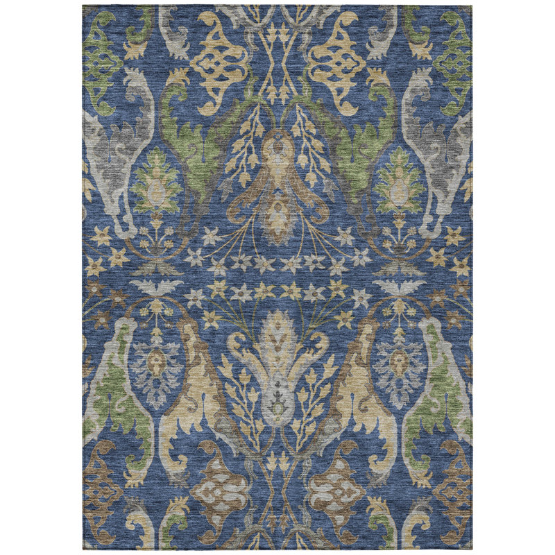 Tapis extérieur lavable floral bleu marine et vert 5 pi x 8 pi