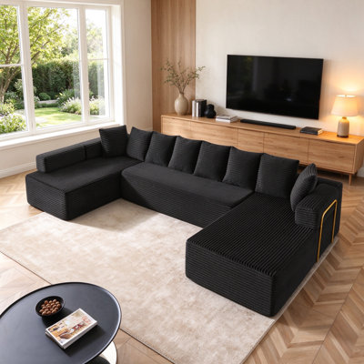 Canapé modulaire en L 111 po, canapé modulaire en velours côtelé de luxe avec méridienne réversible de 111 po, 8 coussins moelleux, rangement pour accoudoirs et porte-gobelets pour le salon et le bureau