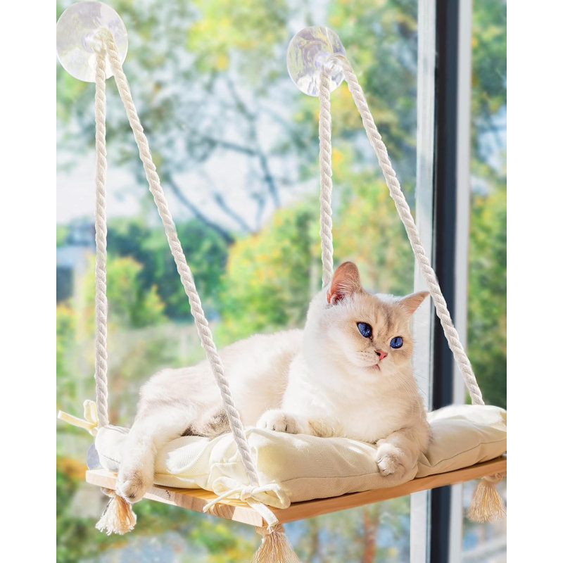 Cat Window Perch - Cat Hammock For Window - Solid Wood Seat & Strong Suction Cups - Cat Window Bed & Furniture For Cats Inside - Hanging Window Shelf For Small Medium Indoor Cats