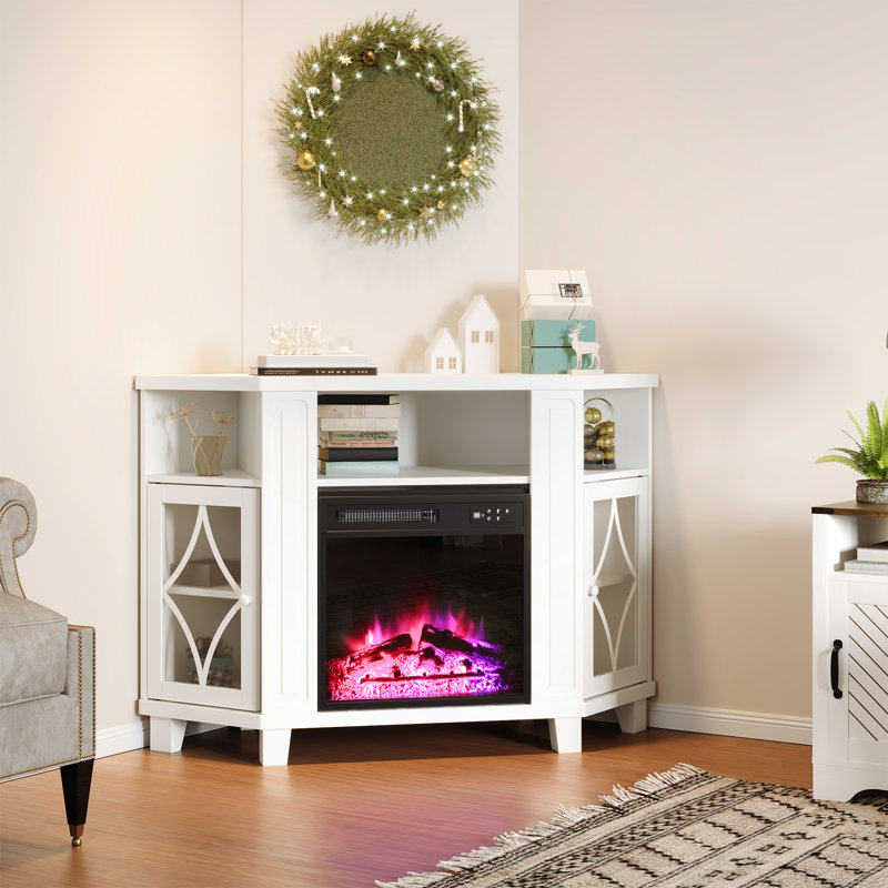 Meuble télé d'angle pour téléviseur de 55 po ou moins avec foyer inclus, Blanc