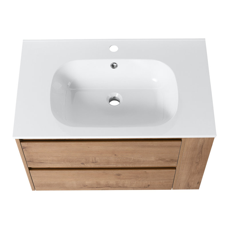 Meuble-lavabo mural avec évier en gel, tiroir à fermeture en douceur, Imitation chêne