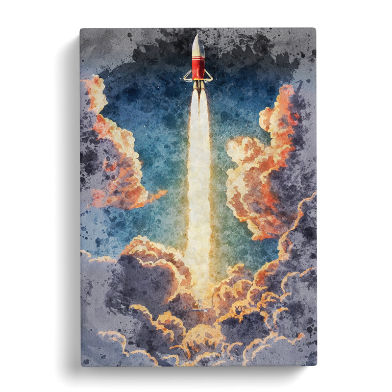 Watercolour Spaceship Rocket No.3 - Wrapped Canvas, 76cm H x 50cm W x 3cm D