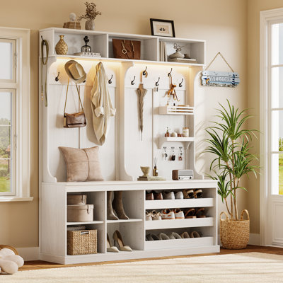 Grand portemanteau 70 po avec banc et tablettes de rangement réglables, banc d'entrée 6-en-1 de ferme avec porte-manteau, rangement supérieur, petites tablettes pour le vestibule, salon, lumières à DEL, blanc