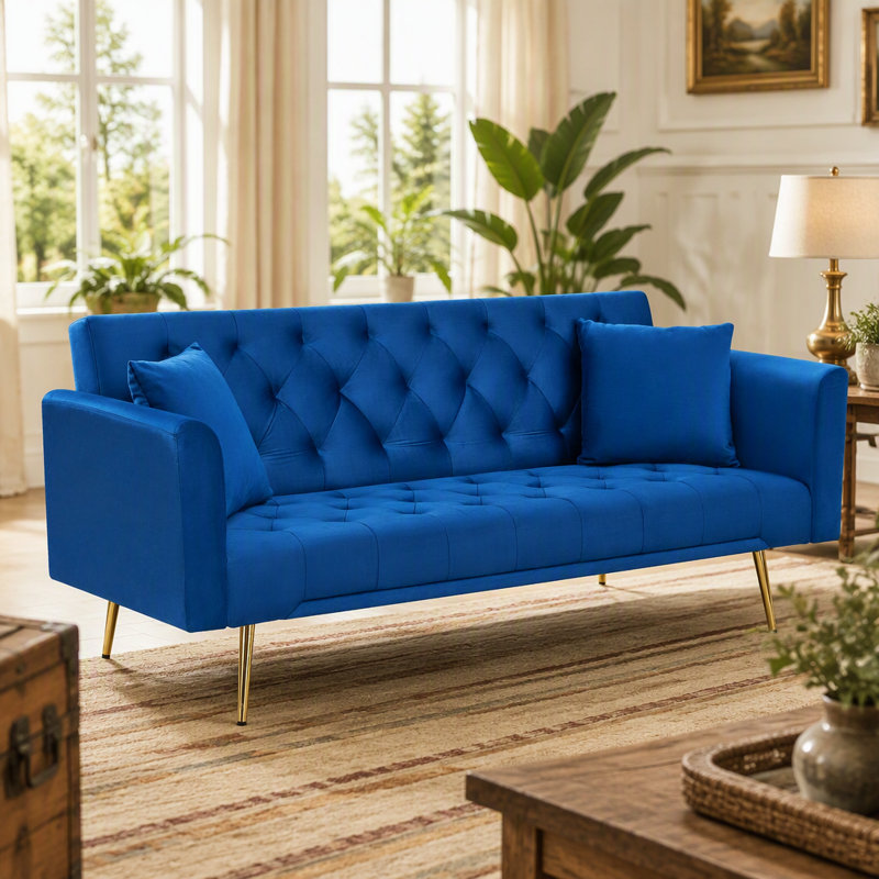 Canapé-lit double convertible pliant pour salon Eta, Velours bleu
