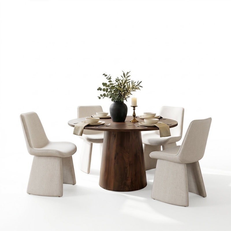 Ensemble de salle à manger rond en noyer 5 pièces avec piédestal et chaises latérales rembourrées, Beige
