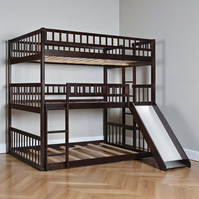 Full-Over-Full-Over-Full Triple Bunk Bed, Wood, Built-In Ladder & Slide, Contemporary, Kids & Teens Room, Espresso