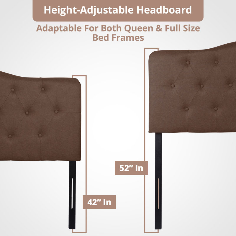 Button Tufted Upholstered Adjustable Full Size Headboard in Linen Fabric, Metal Legs, Espresso