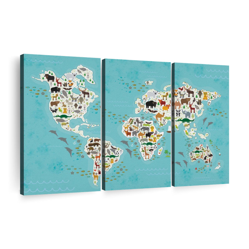 "Mignon animaux, carte du monde, art mural" sur toile, H 24 po x l 38 po x P 1,25 po