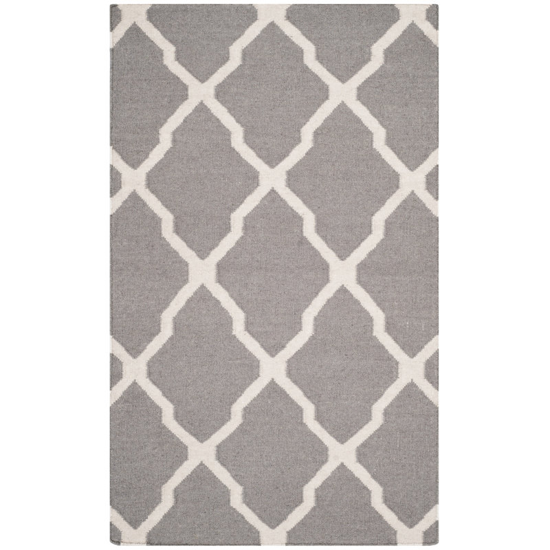 Rodgers Hand Woven Flat Weave Wool/Cotton Geometric Rug in Gray/Black, Rectangle 5' x 8'