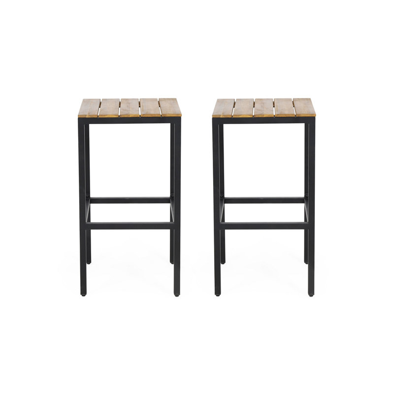 Ensemble de 2 tabourets de bar, pieds droits, bois d'acacia brun, pieds en fer noir