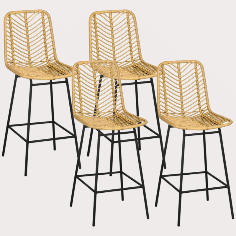 HOMCOM Rattan Bar Stools Set Of 4, 26" Counter Height Barstools, Boho Kitchen Island Stools With Breathable Wicker Seat And Back, Yellow