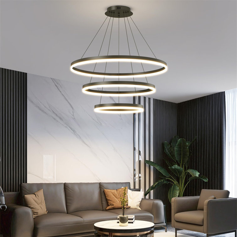Modern LED Pendant Light, 3 Ring Dimmable LED Pendant Light With Remote Control, Round Recessed High Ceiling Light Fixture