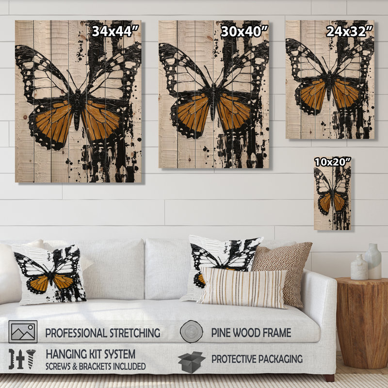«Minimal Monarch Majesty Butterfly», art mural moderne sur bois de pin naturel, H 32 po x l 24 po