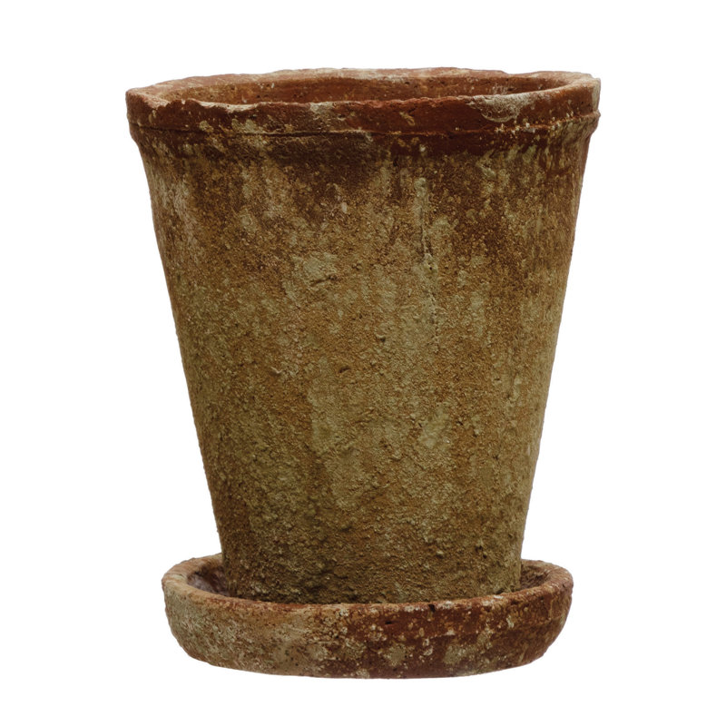 Hillengas Round Cement Planter with Saucer and Distressed Finish, 8.63" H x 7.13" W x 7.13" D