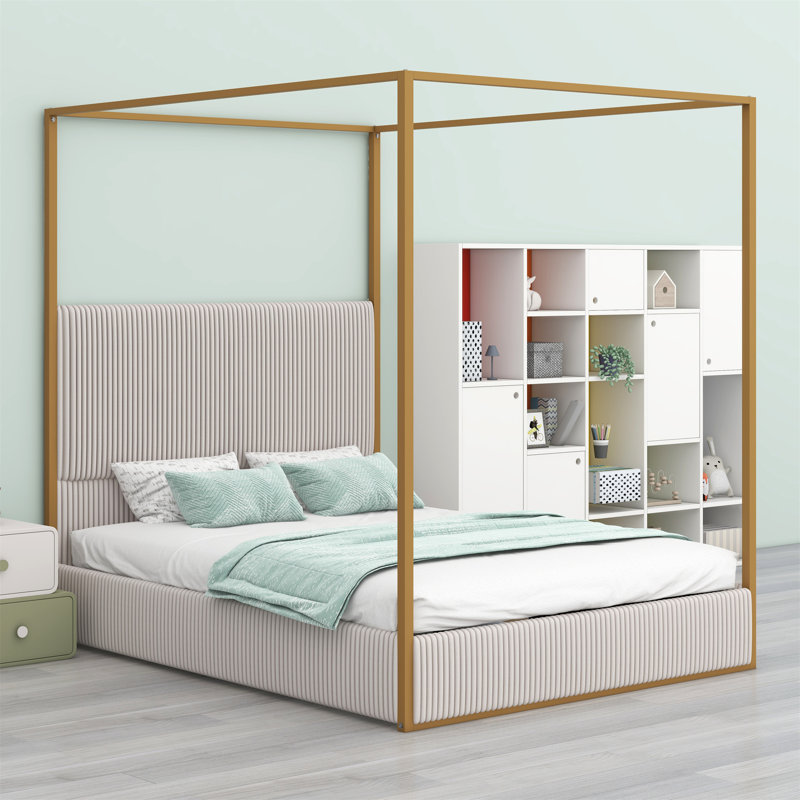 Lit à baldaquin en métal de luxe moderne avec tête de lit tapissier haute et quatre affiches, Beige/or