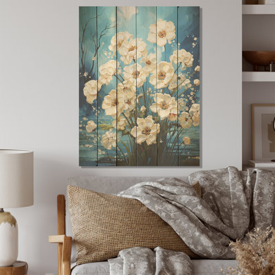 Fleur bleue dans une sérénade de maïs soufflé - Art sur bois de pin naturel