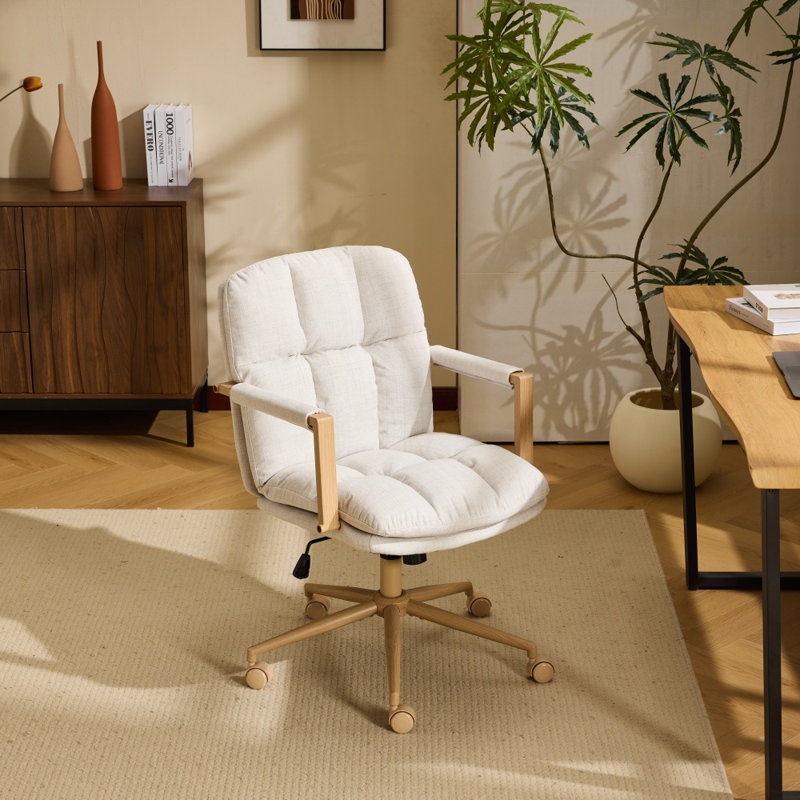 Linen Blend Swivel Office Chair Adjustable Height With Wood Armrests For Home Office And Living Room, Beige
