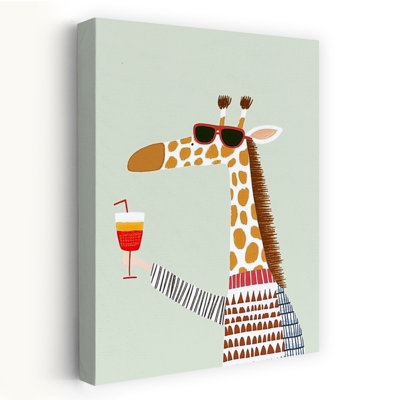 Cool Giraffe Summer Drink Modern Playful Vibrant Giraffe Summer Tropical Wall Art Print by Mathieu - Wrapped Canvas Print