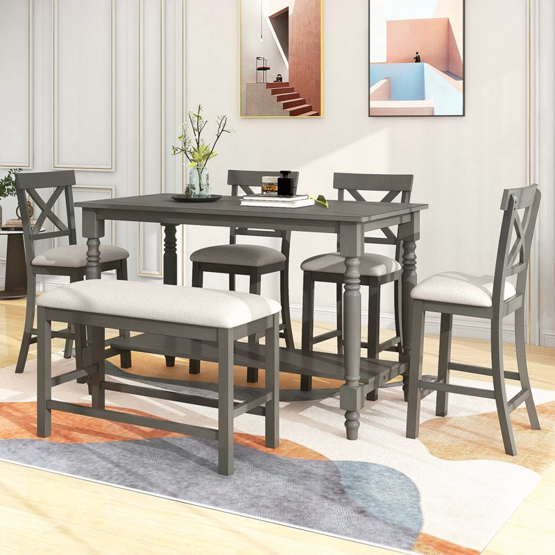 Ensemble de 6 tables de salle à manger à hauteur de comptoir avec 4 chaises et un banc pour la salle à manger, Gris, Gris