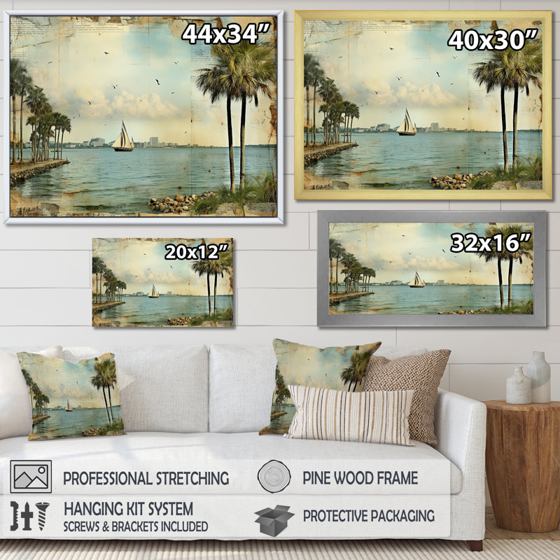«Vintage 1920 Miami Palm Trees Beachside», reproduction sur toile, H 24 po x l 32 po x P 1 po, Cadre flottant blanc
