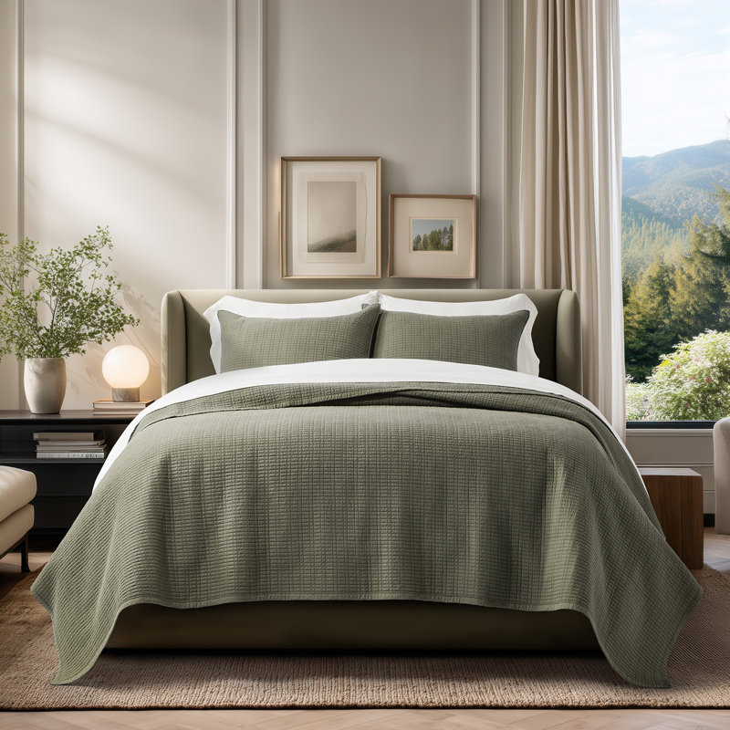 EverGrace 100% Cotton Quilt, Pre-Washed Modern Grid Stitch Lightweight Bedspread Coverlet For All Season, Oversized 3-Piece Quilt Set With 2 Pillow Shams