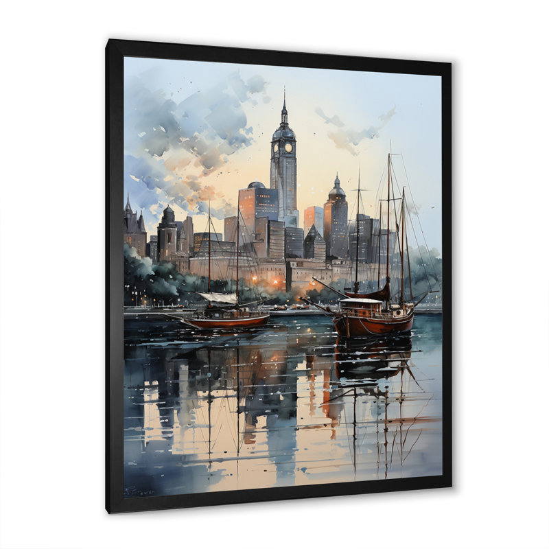 Impression sur toile Laquita New York Harbor Twilight, Cadre photo noir, H 44 po x l 34 po x P 1,5 po