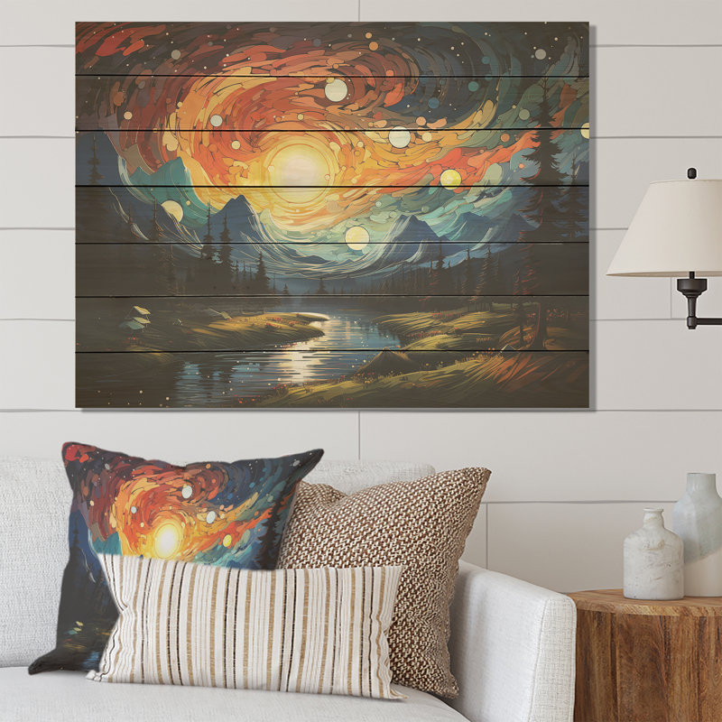 Yellow Mountain Moon Galatic III - Forest And River On Wood Print, 34" H x 44" W x 0.78" D