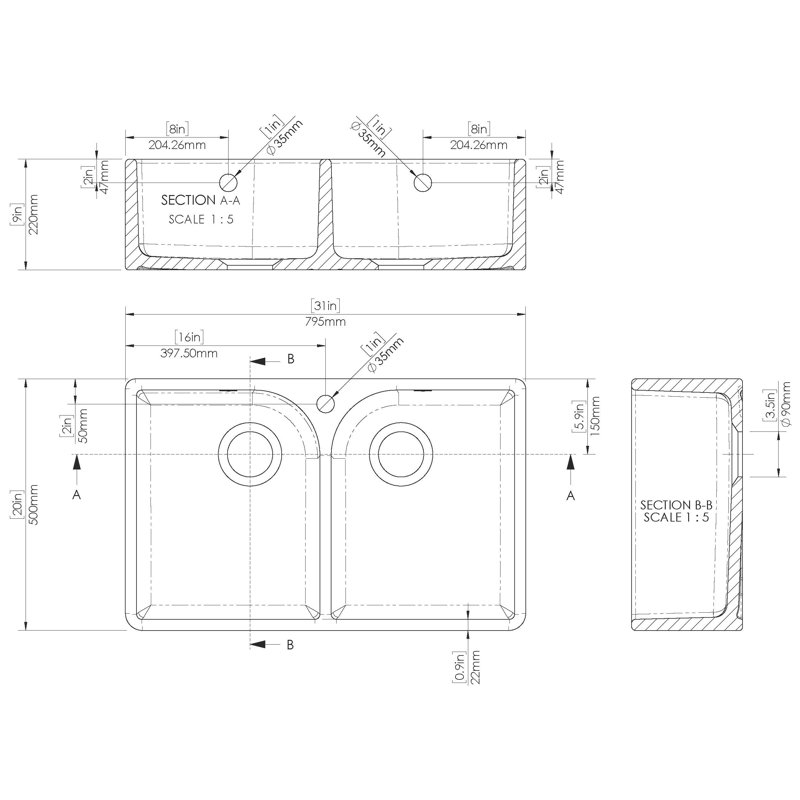 Double Bowl Belfast Kitchen Sink, 1 hole