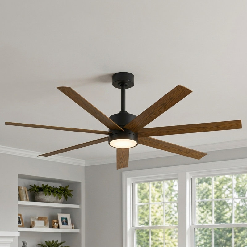 56in Ceiling Fan with Light, 7 ABS Walnut Blades, DC Motor, Remote Control, Rated for Indoor & Covered Outdoor Use, Black