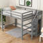 Lit mezzanine double en pin massif et gris doux avec garde-robe et escalier de rangement intégrés pour une chambre à coucher peu encombrante-588525127