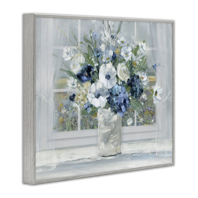 «Blue Hydrangea & Anemone Bouquet», estampe numérique, conception de Sally Swatland, Giclée de ferme grise encadrée