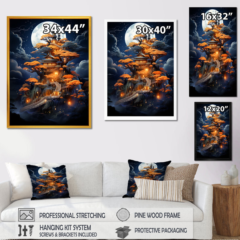 «Moonlight Castle Tree House Dream», art mural Chine, White Picture Framed, 32" H x 16" W