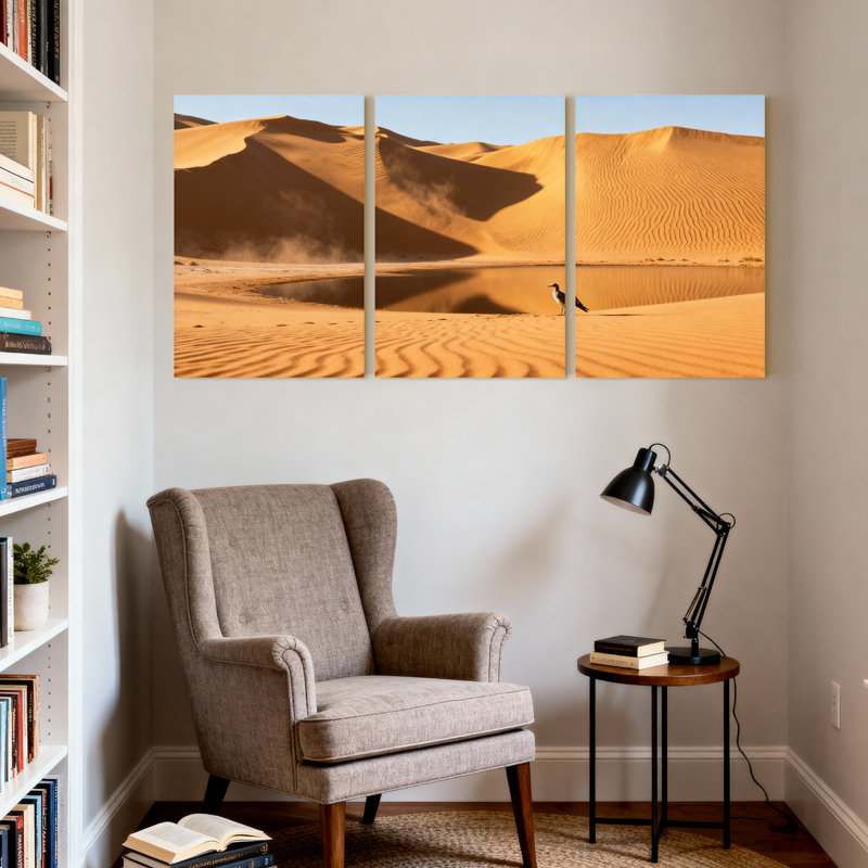 Ensemble de 3 impressions sur toile, paysages et paysages urbains, désert, dunes, réflexion, ciel, sable, ondulations, mirage