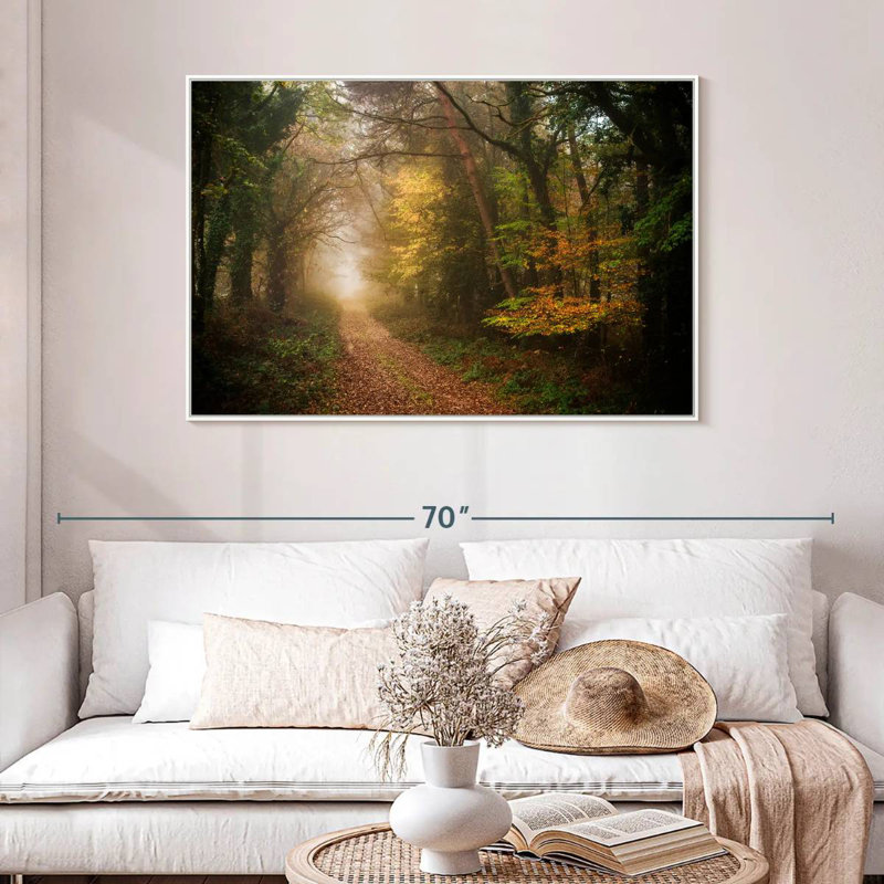 Chemin dans la forêt d'automne, Cadre flottant blanc, 46 po x 31 po