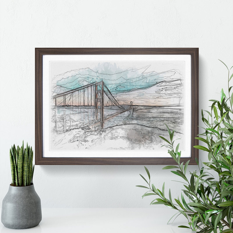 The Golden Gate Bridge in San Francisco Bay Sketch - Picture Frame Graphic Art Print, Walnut Framed, 36cm H x 48cm W x 2cm D