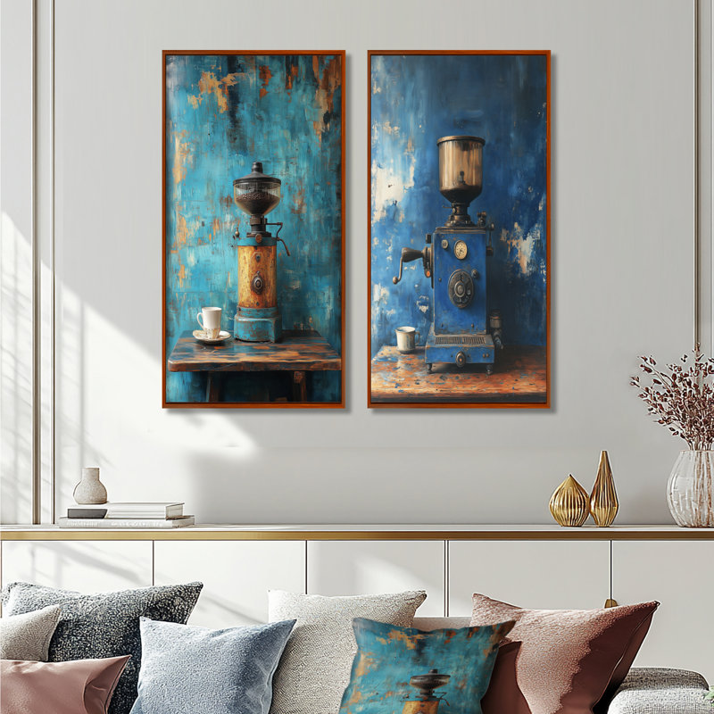 Ensemble de 2 moulins à café Blue VIntage Blue I - Coffee Wall Art, H 32 po x l 32 po, Impression encadrée, Brun
