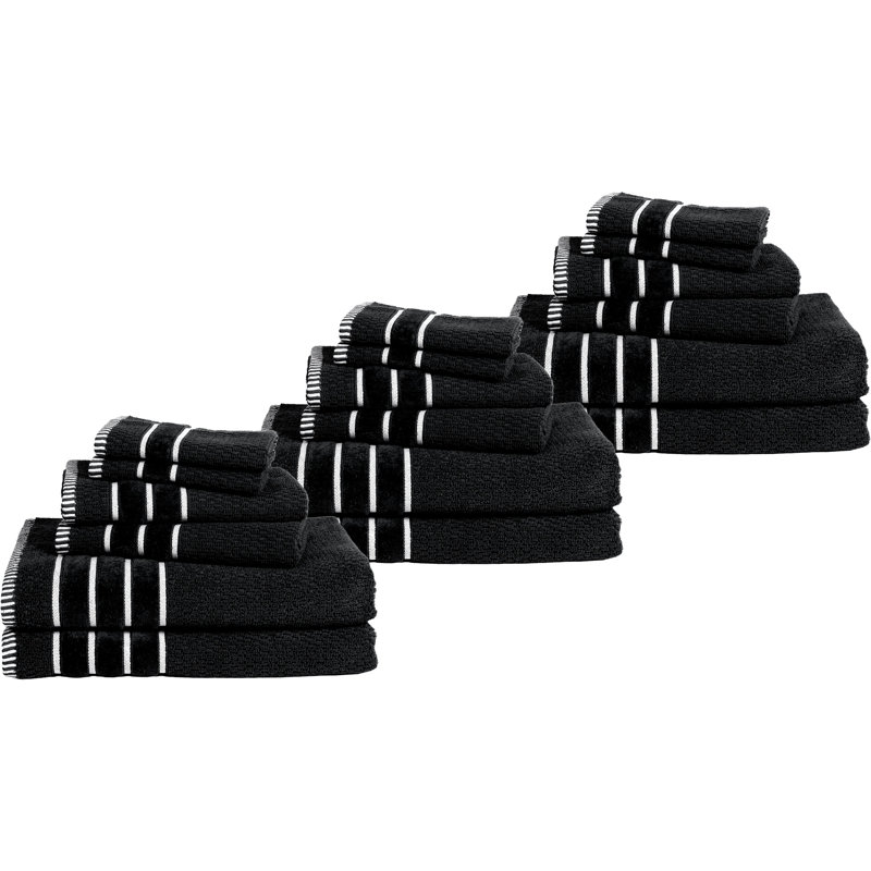6-Piece 100% Cotton Towel Set - with 2 Bath Towels, 2 Hand Towels, and 2 Washcloths, Black, 18 pieces