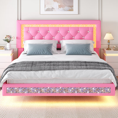 Lit plateforme flottant en similicuir rose (taille standard) avec tête de lit capitonnée en losanges et éclairage DEL, sans sommier, conception silencieuse, montage facile