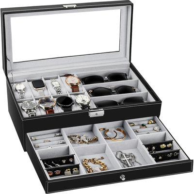 Watch Box Watch Case Jewelry Organizer Holder Jewelry Display Box Case Sunglasses Storage Organizer Lockable With Glass Top And PU Leather Black