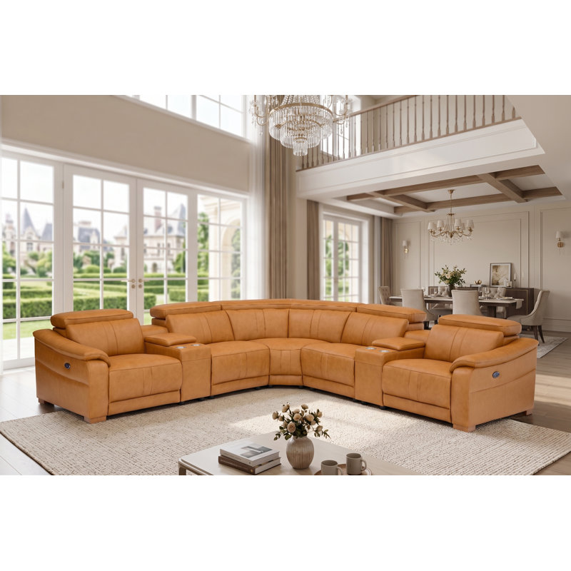 Berkhamsted Leather Recliner Theater Set, Ginger Leather Match, Brown Wood